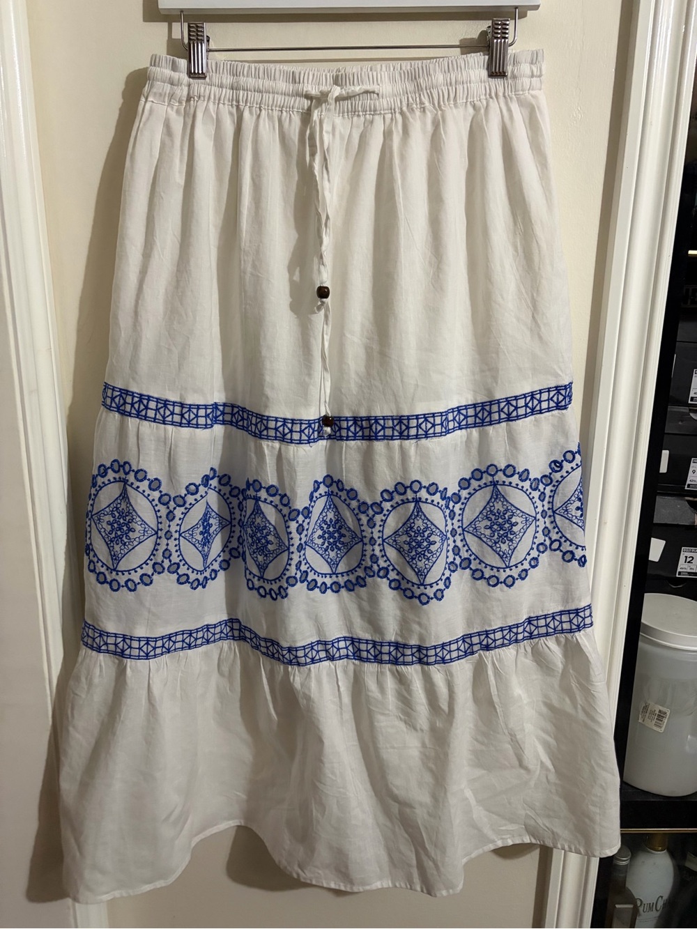 White Maxi Skirt with Blue Embroidered Border